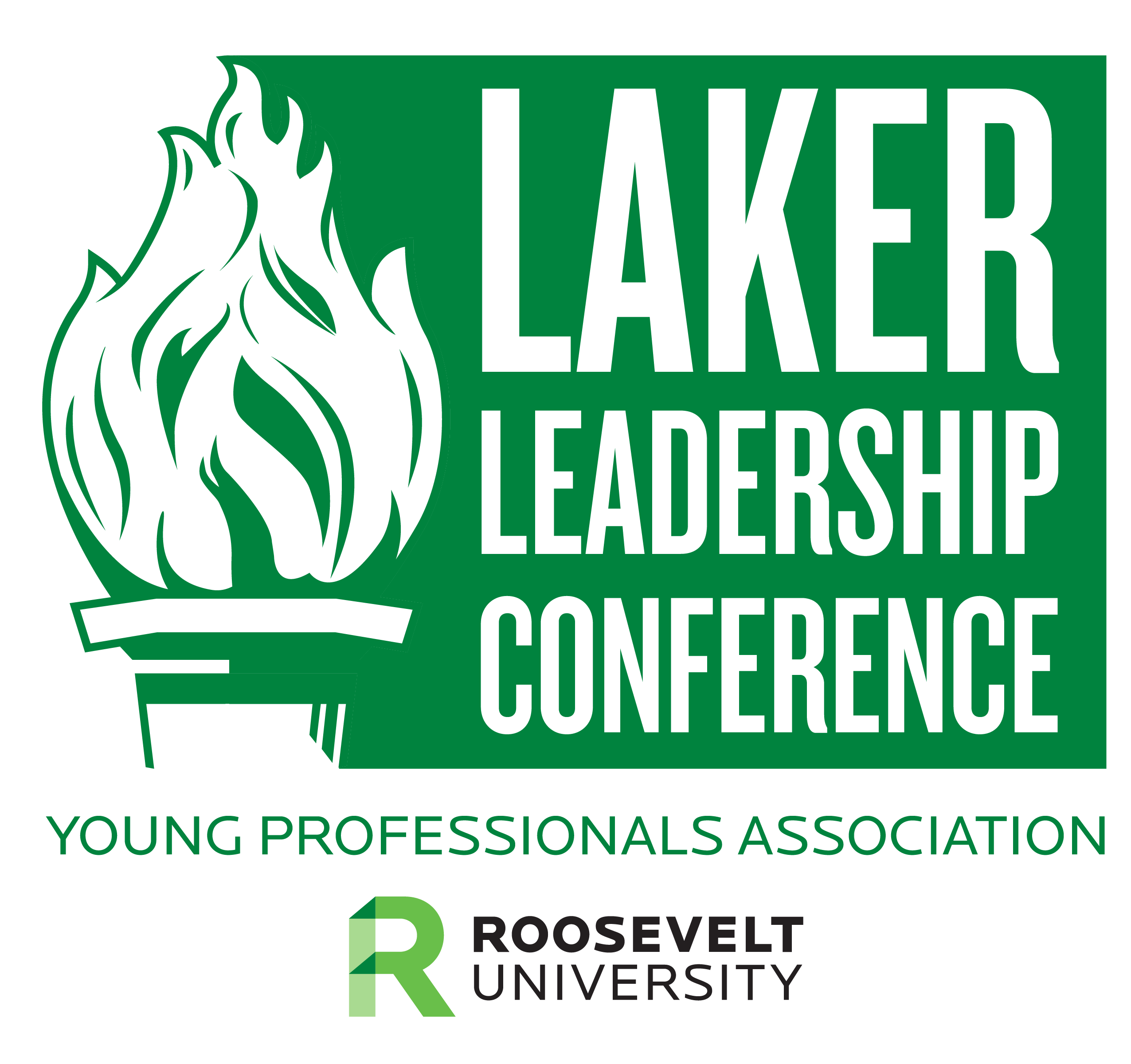 Torch next to Laker Leadership Conference text; Young Professionals Association and Roosevelt University logo.